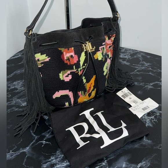 LAUREN RALPH LAUREN Needlepoint Medium Andie Drawstring Crossbody Bag AUTHENTIC - Picture 2 of 15